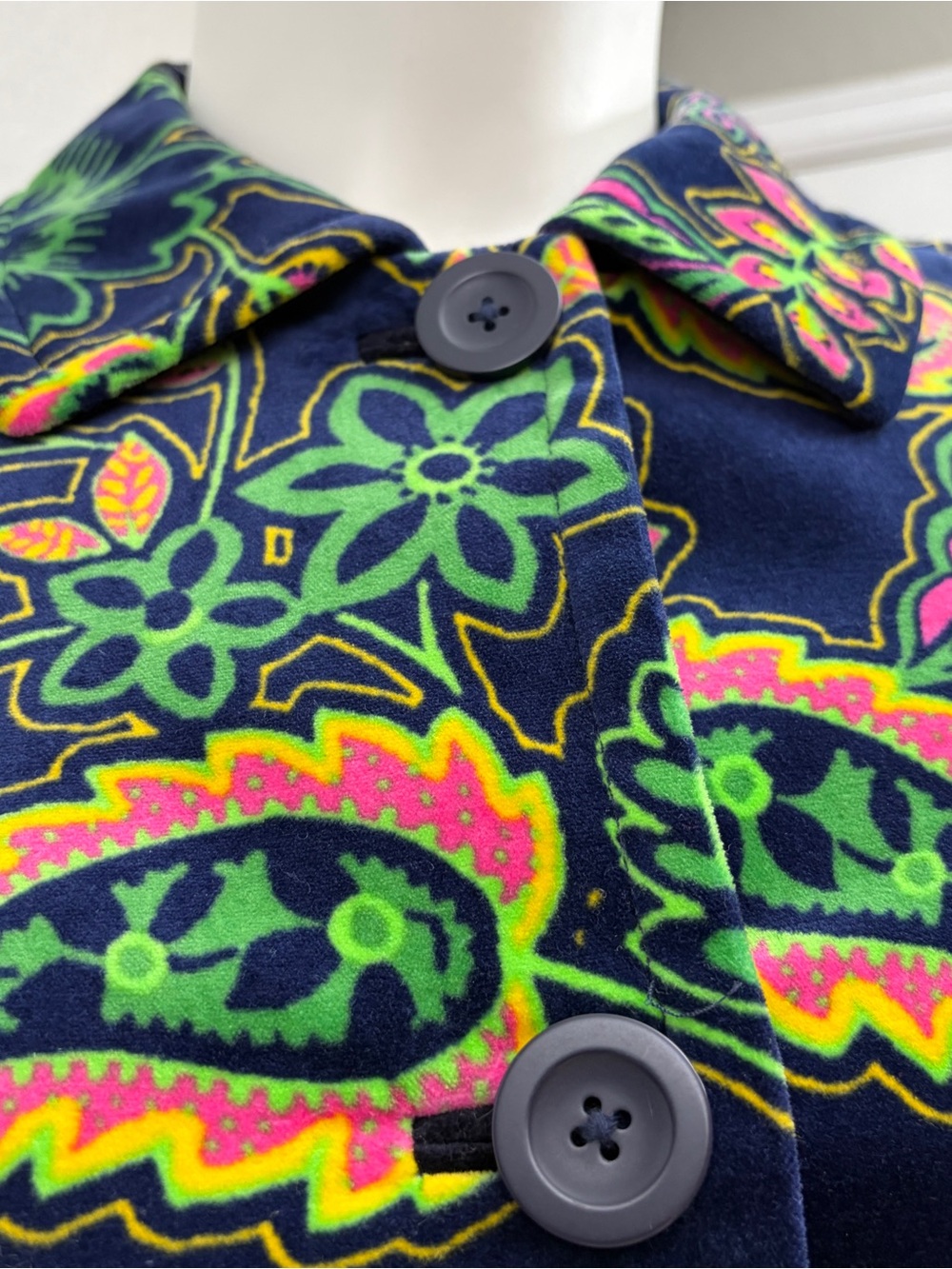 Boden Navy Long-Sleeve Paisley Velvet Floral Button Coat - Size 14 - Picture 3 of 14